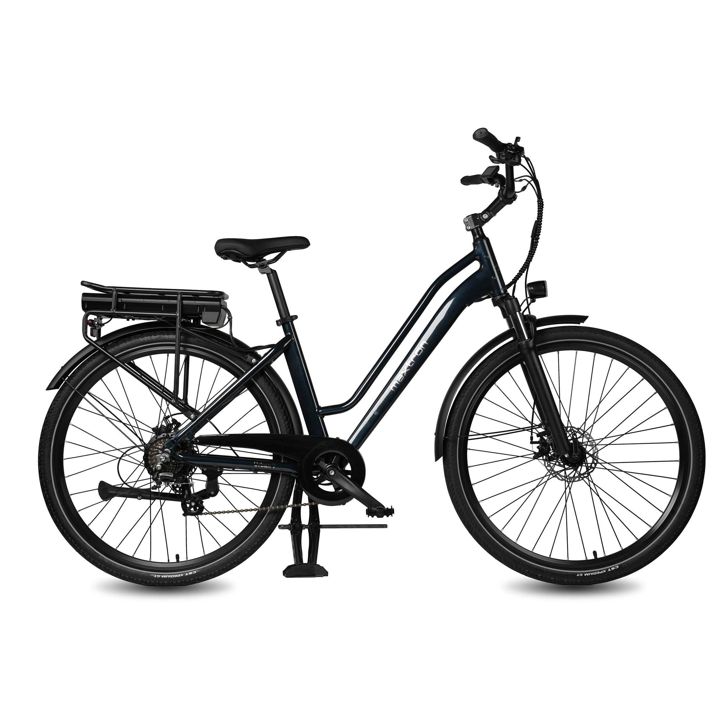 Maxtron Urban7 elektrische stadsfiets blauw – zijaanzicht